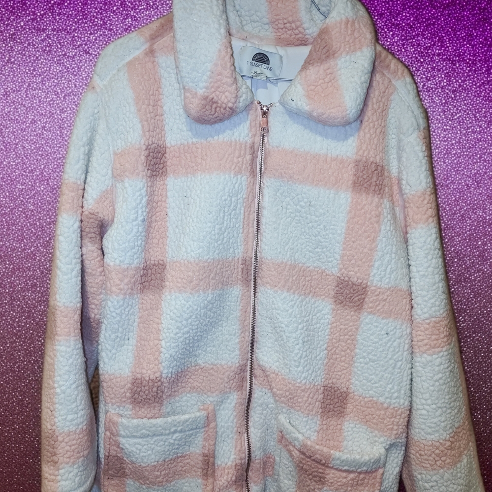 Cozy Pink and White Plaid Teddy Jacket